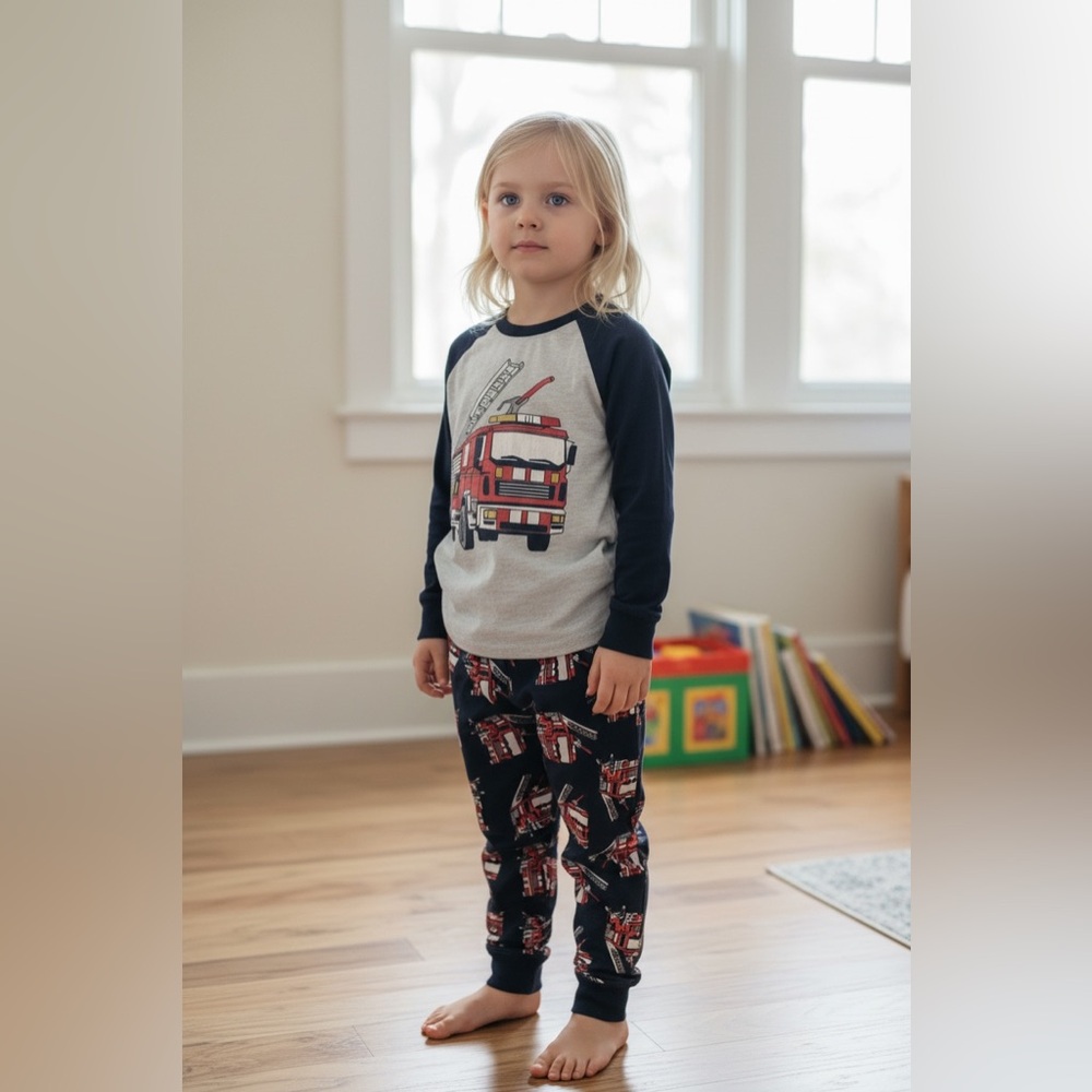 Fire Engine Kids Pajama Set - Gray and Navy